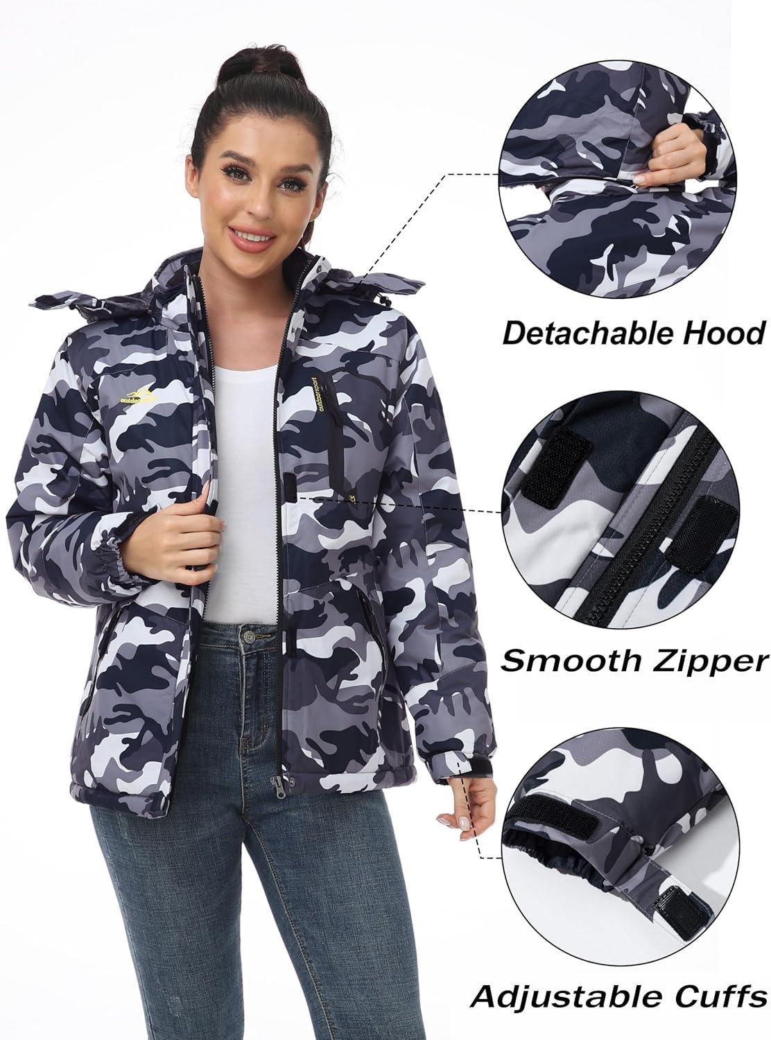 imageMAGCOMSEN Womens Ski Jacket Waterproof Insulated Snow Jacket Warm Windproof Winter Coats with Hood Fleece Lined JacketBlack Camo