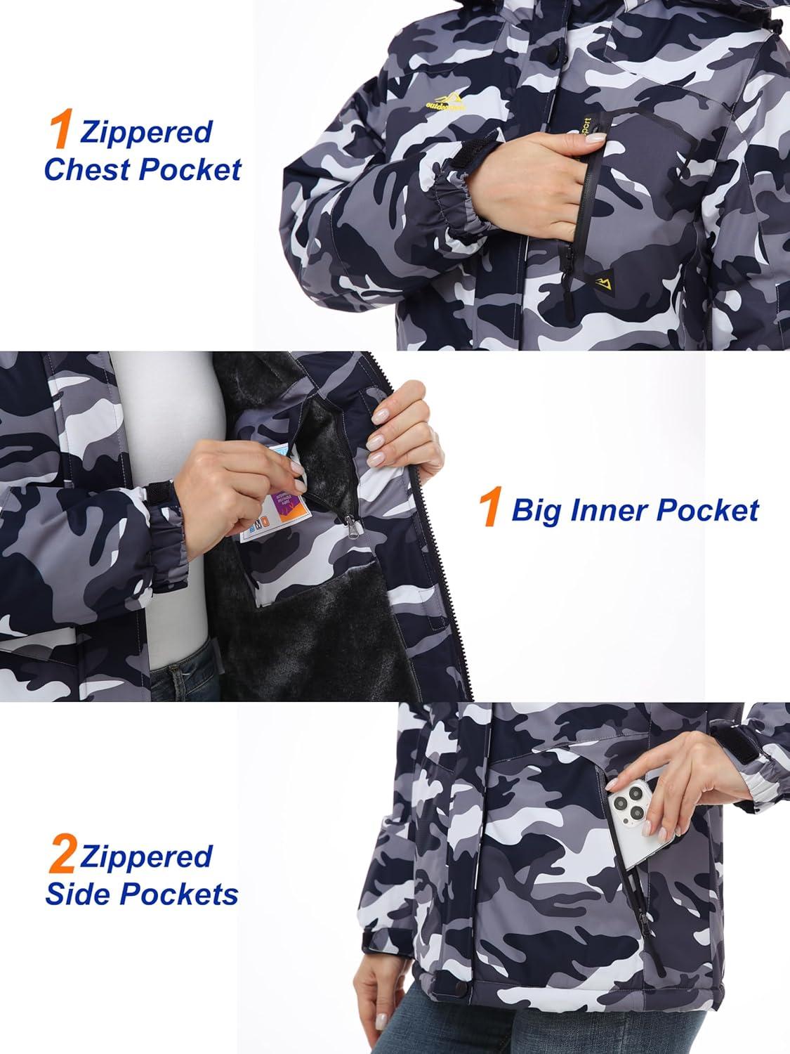 imageMAGCOMSEN Womens Ski Jacket Waterproof Insulated Snow Jacket Warm Windproof Winter Coats with Hood Fleece Lined JacketBlack Camo