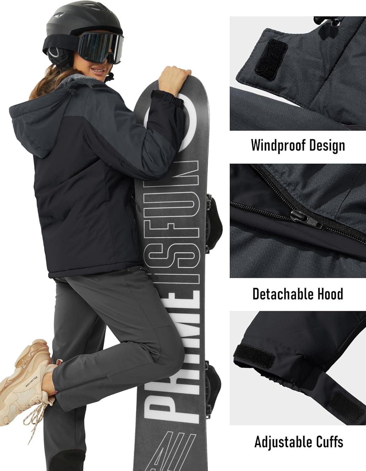 imageMAGCOMSEN Womens Ski Jacket Waterproof Insulated Snow Jacket Warm Windproof Winter Coats with Hood Fleece Lined JacketBlack Grey