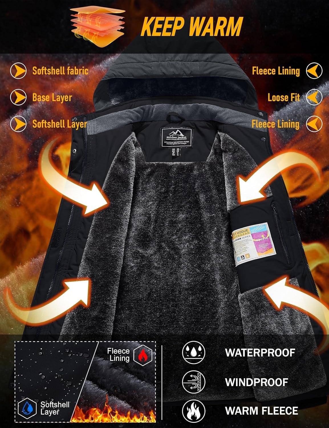 imageMAGCOMSEN Womens Ski Jacket Waterproof Insulated Snow Jacket Warm Windproof Winter Coats with Hood Fleece Lined JacketBlack Grey