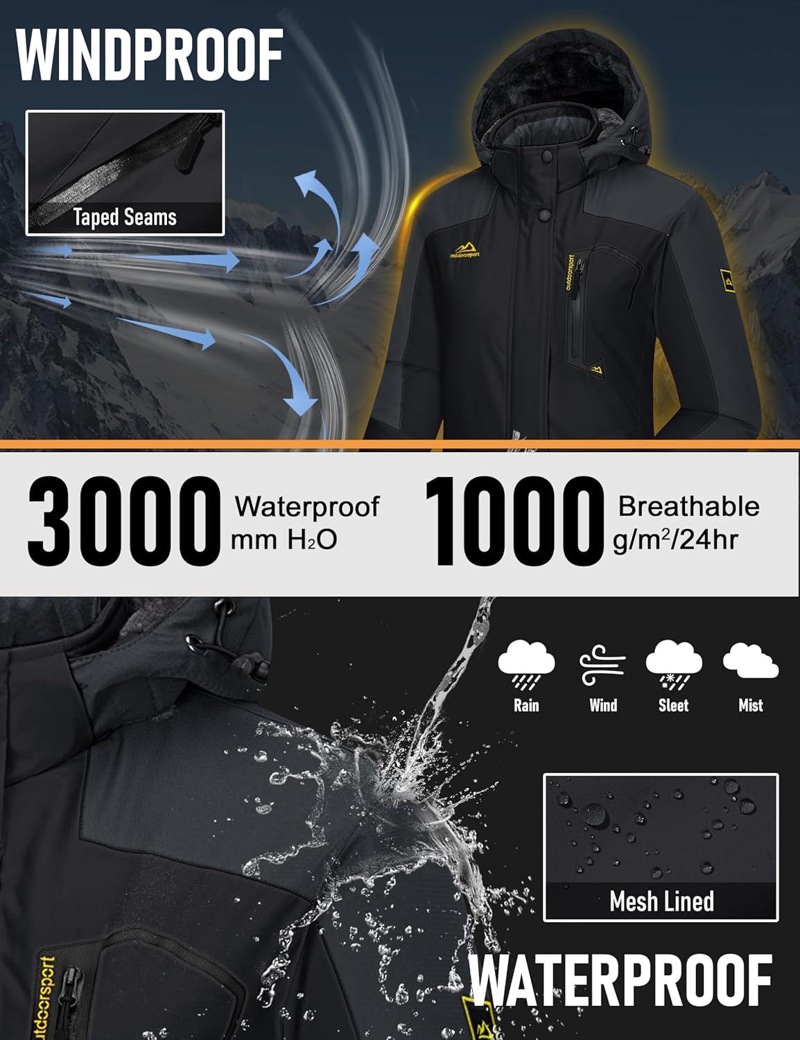 imageMAGCOMSEN Womens Ski Jacket Waterproof Insulated Snow Jacket Warm Windproof Winter Coats with Hood Fleece Lined JacketBlack Grey