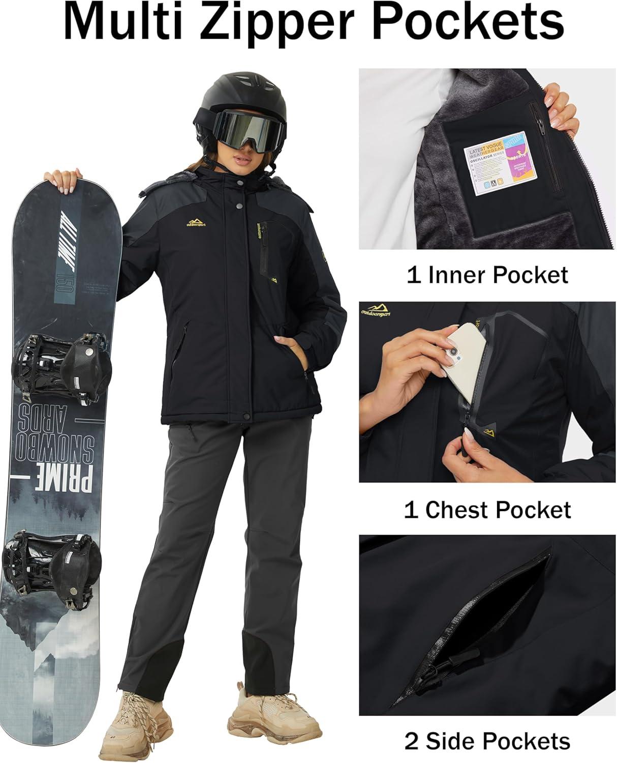 imageMAGCOMSEN Womens Ski Jacket Waterproof Insulated Snow Jacket Warm Windproof Winter Coats with Hood Fleece Lined JacketBlack Grey