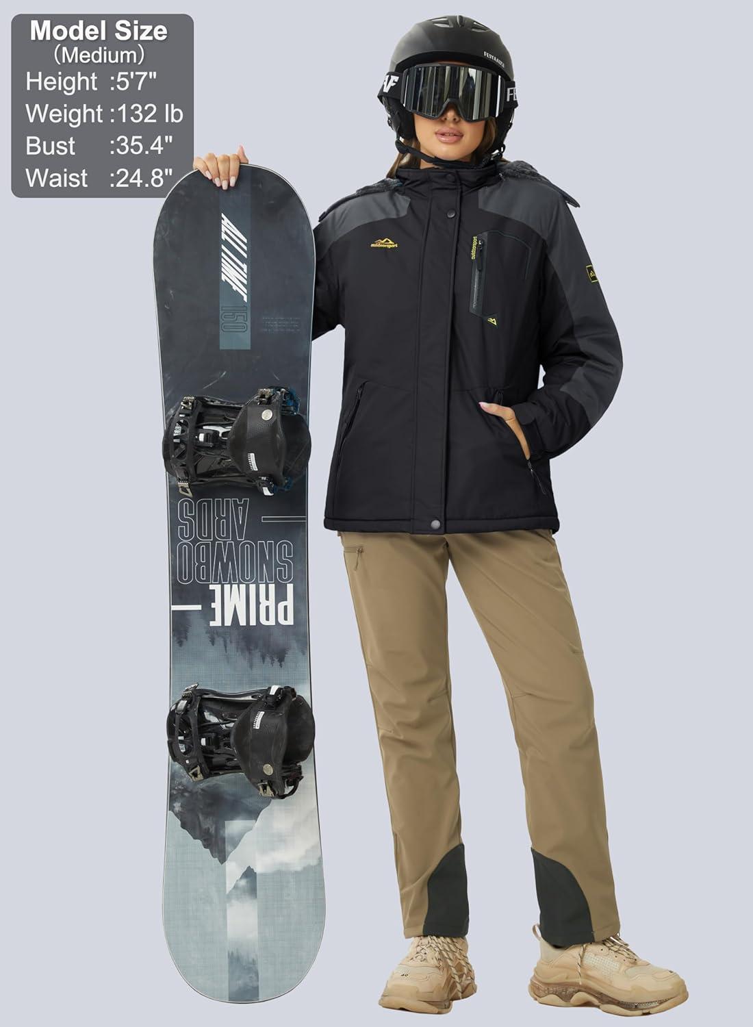 imageMAGCOMSEN Womens Ski Jacket Waterproof Insulated Snow Jacket Warm Windproof Winter Coats with Hood Fleece Lined JacketBlack Grey