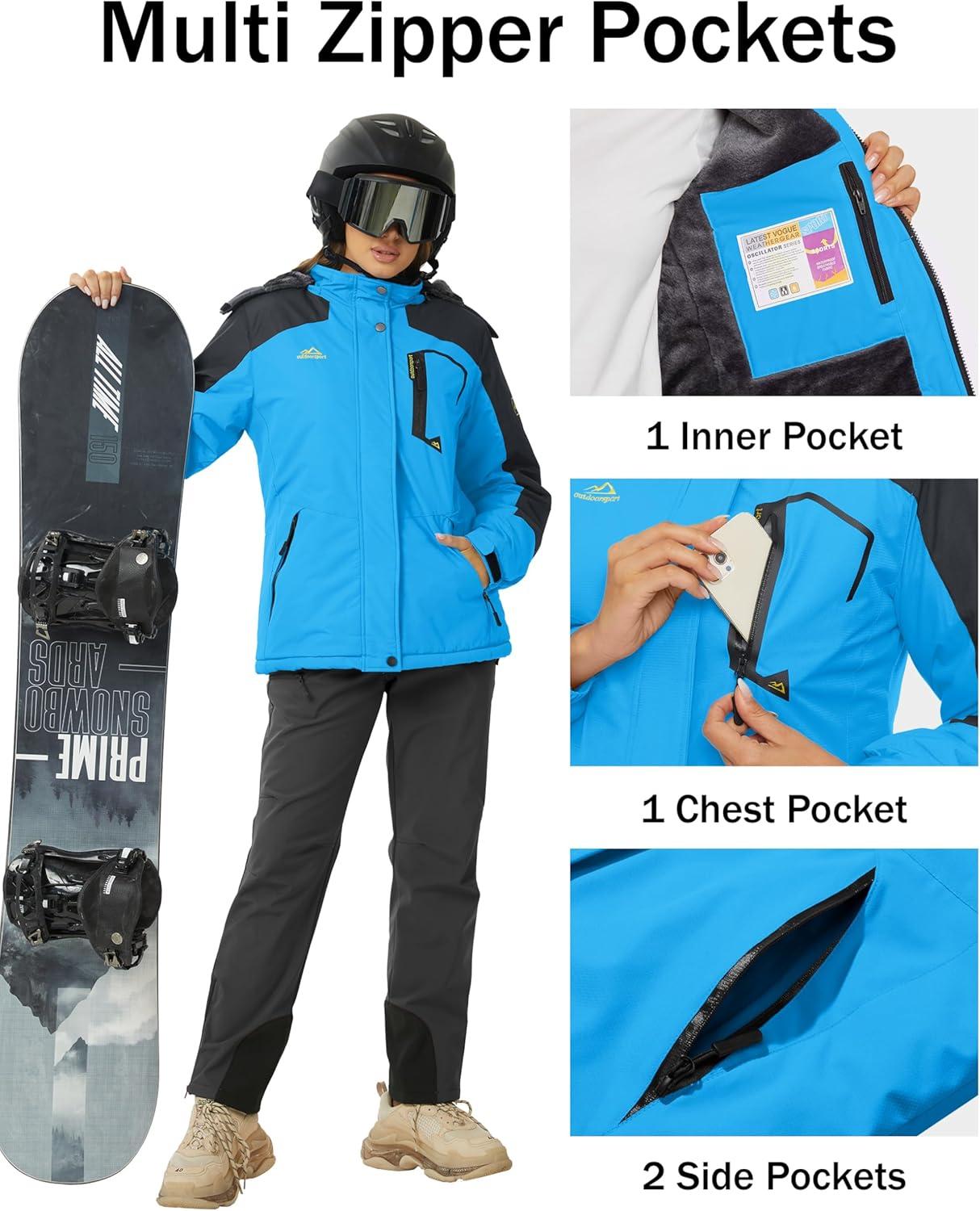 imageMAGCOMSEN Womens Ski Jacket Waterproof Insulated Snow Jacket Warm Windproof Winter Coats with Hood Fleece Lined JacketBlue Black