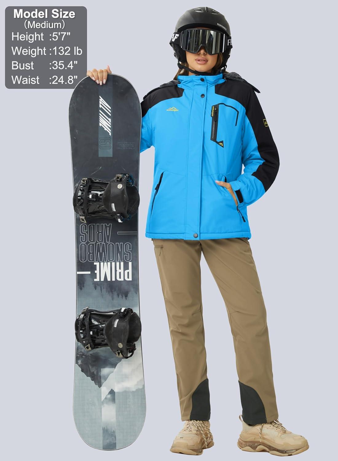 imageMAGCOMSEN Womens Ski Jacket Waterproof Insulated Snow Jacket Warm Windproof Winter Coats with Hood Fleece Lined JacketBlue Black