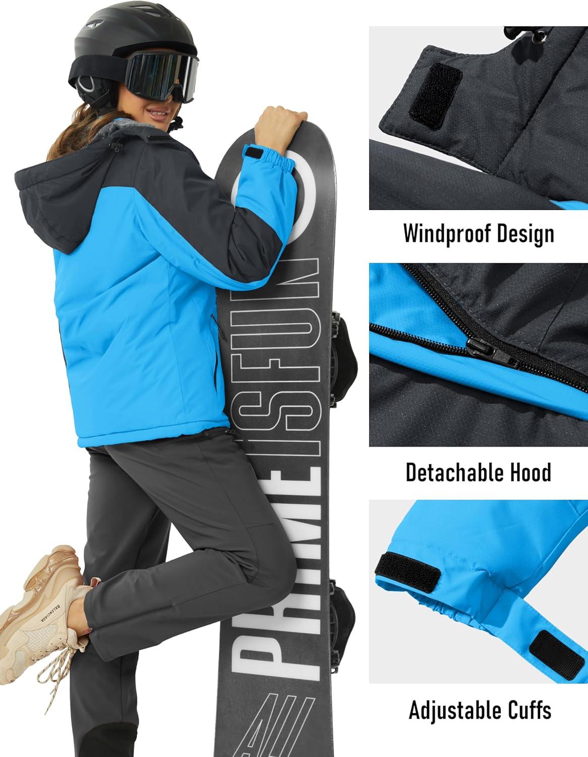 imageMAGCOMSEN Womens Ski Jacket Waterproof Insulated Snow Jacket Warm Windproof Winter Coats with Hood Fleece Lined JacketBlue Black