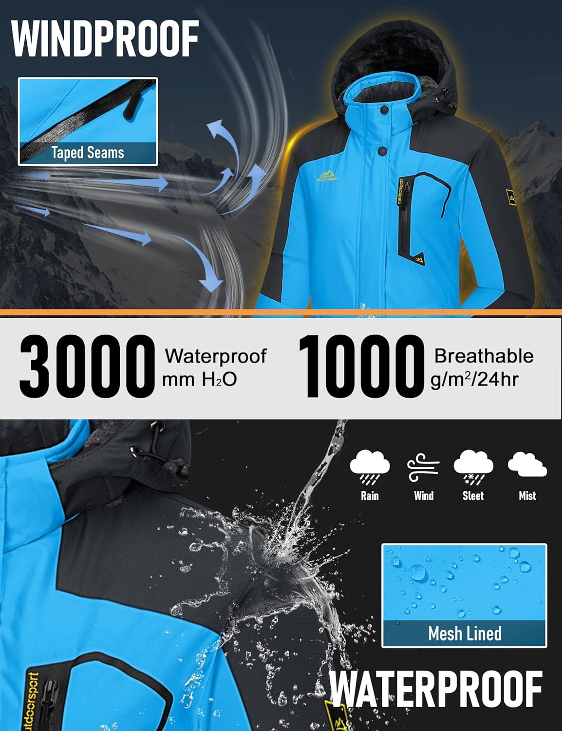 imageMAGCOMSEN Womens Ski Jacket Waterproof Insulated Snow Jacket Warm Windproof Winter Coats with Hood Fleece Lined JacketBlue Black
