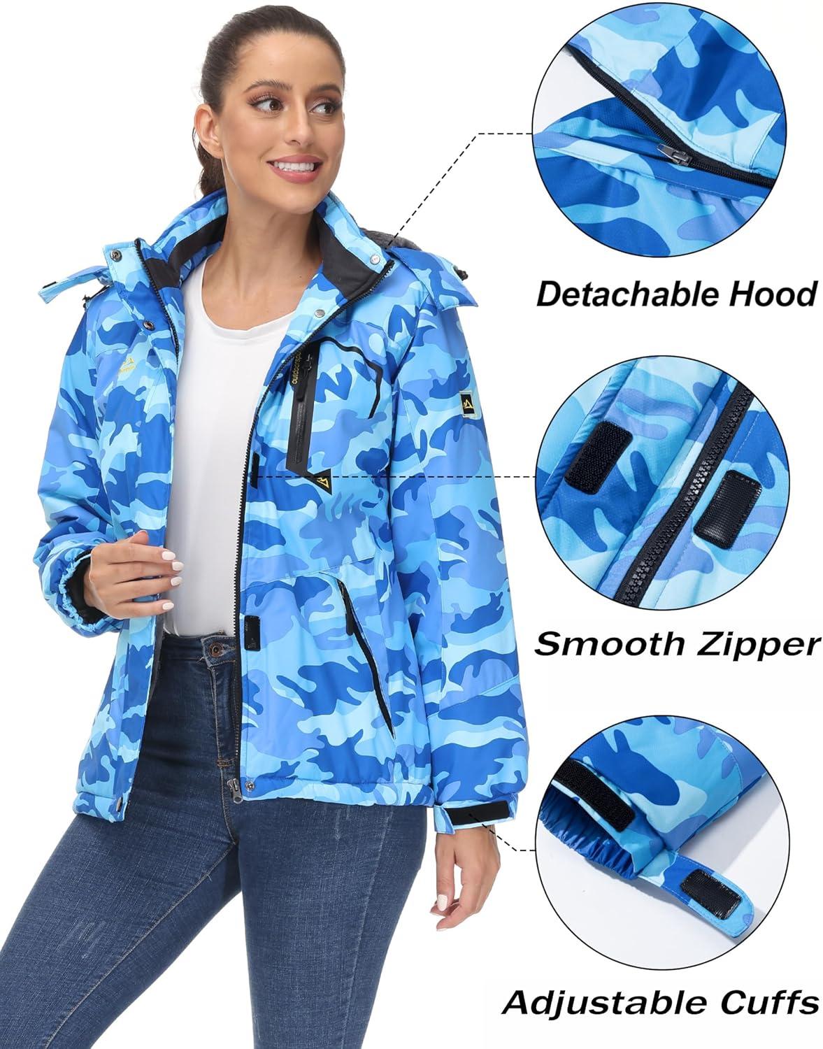 imageMAGCOMSEN Womens Ski Jacket Waterproof Insulated Snow Jacket Warm Windproof Winter Coats with Hood Fleece Lined JacketBlue Camo