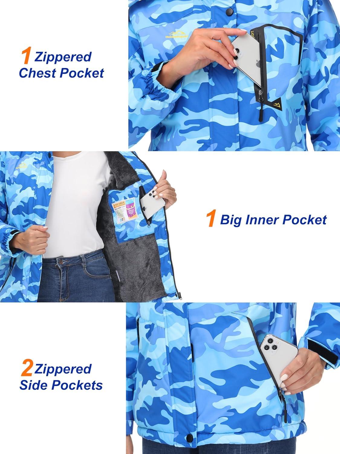 imageMAGCOMSEN Womens Ski Jacket Waterproof Insulated Snow Jacket Warm Windproof Winter Coats with Hood Fleece Lined JacketBlue Camo