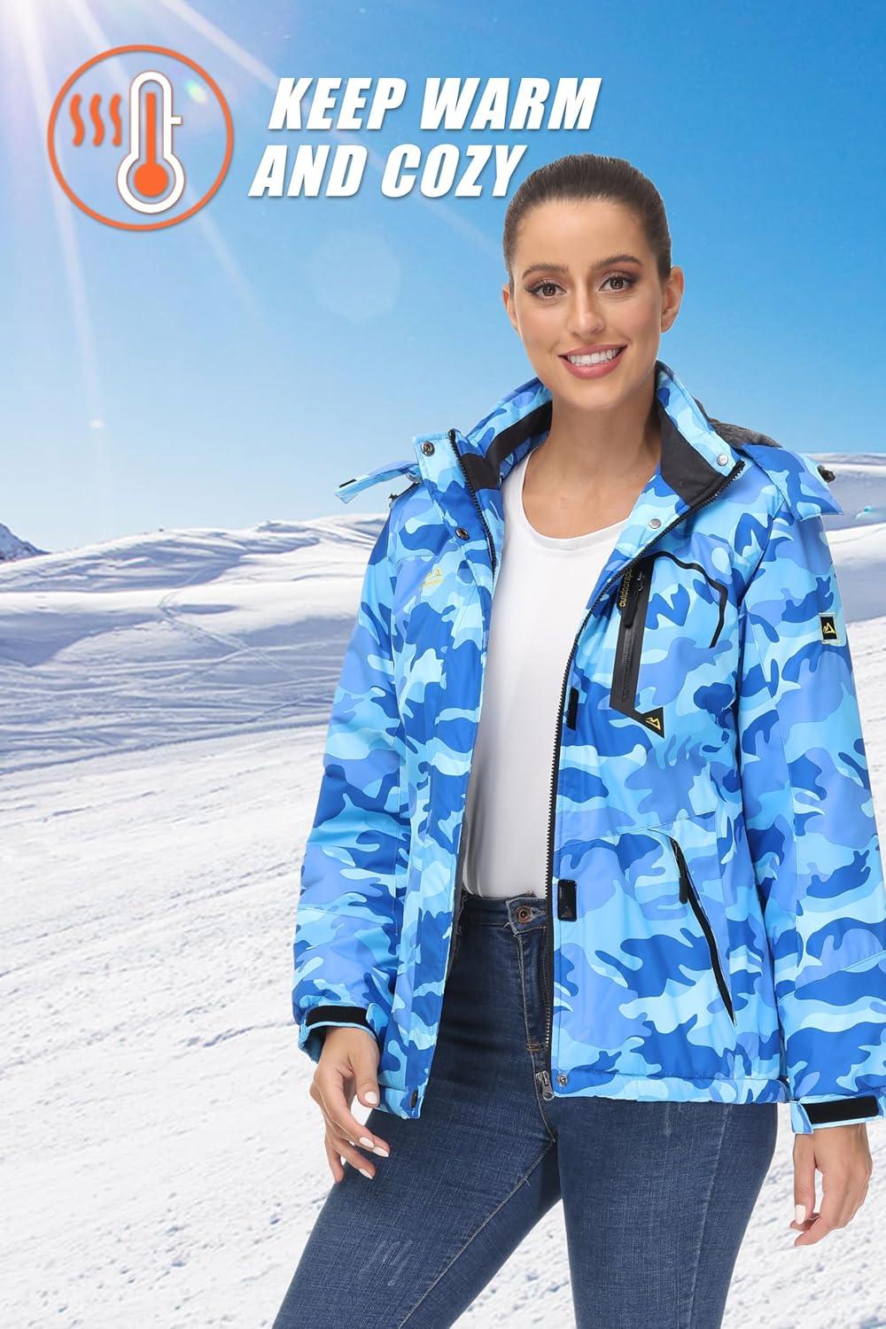 imageMAGCOMSEN Womens Ski Jacket Waterproof Insulated Snow Jacket Warm Windproof Winter Coats with Hood Fleece Lined JacketBlue Camo