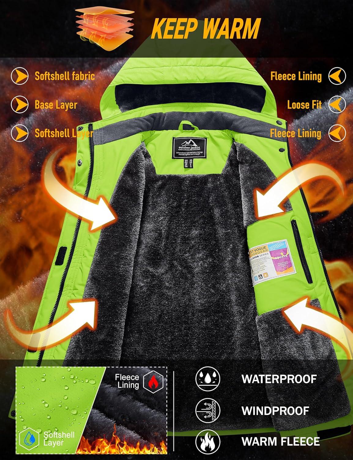 imageMAGCOMSEN Womens Ski Jacket Waterproof Insulated Snow Jacket Warm Windproof Winter Coats with Hood Fleece Lined JacketFluorescent Green