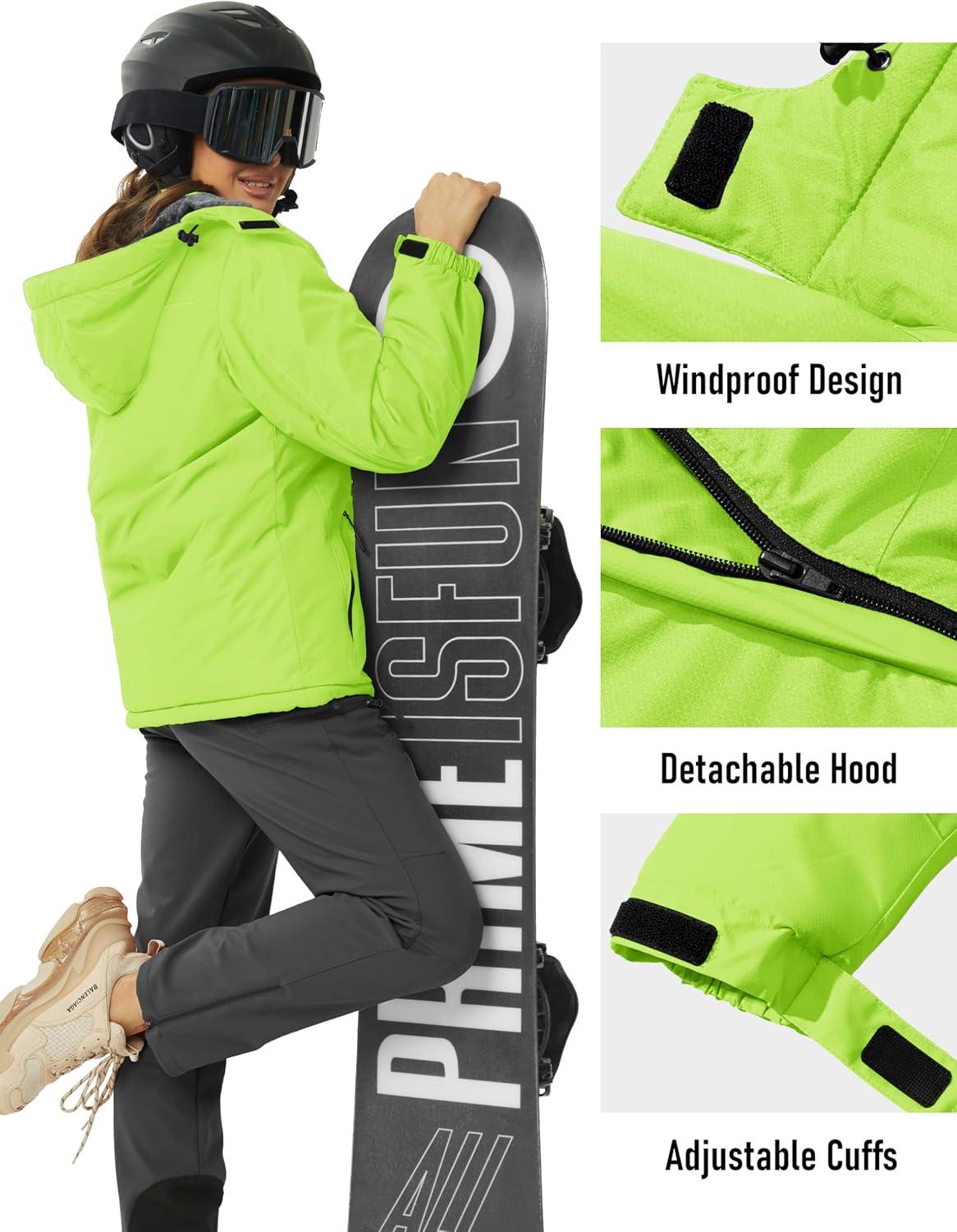 imageMAGCOMSEN Womens Ski Jacket Waterproof Insulated Snow Jacket Warm Windproof Winter Coats with Hood Fleece Lined JacketFluorescent Green