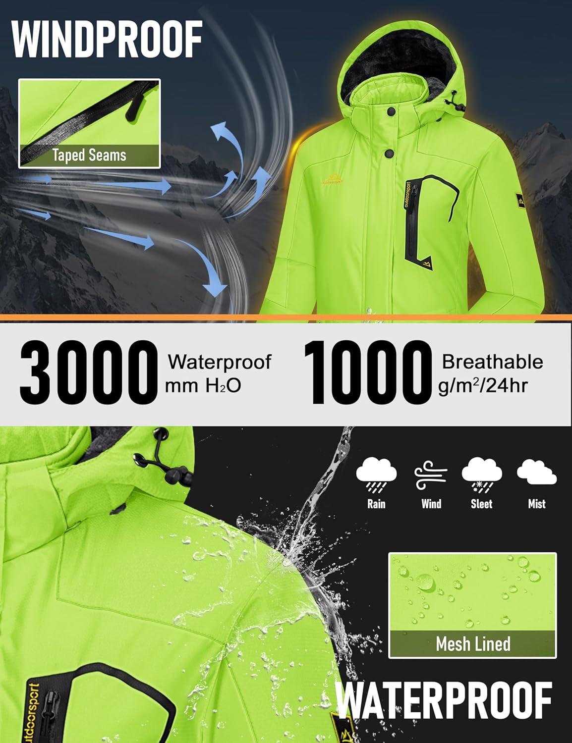 imageMAGCOMSEN Womens Ski Jacket Waterproof Insulated Snow Jacket Warm Windproof Winter Coats with Hood Fleece Lined JacketFluorescent Green