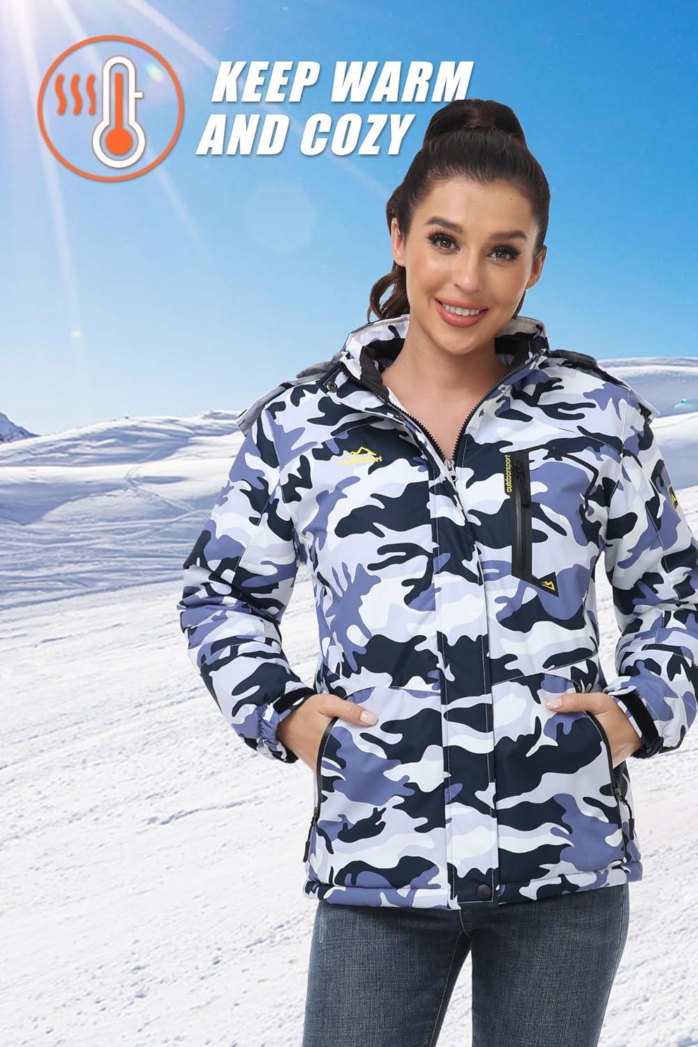 imageMAGCOMSEN Womens Ski Jacket Waterproof Insulated Snow Jacket Warm Windproof Winter Coats with Hood Fleece Lined JacketGrey Camo