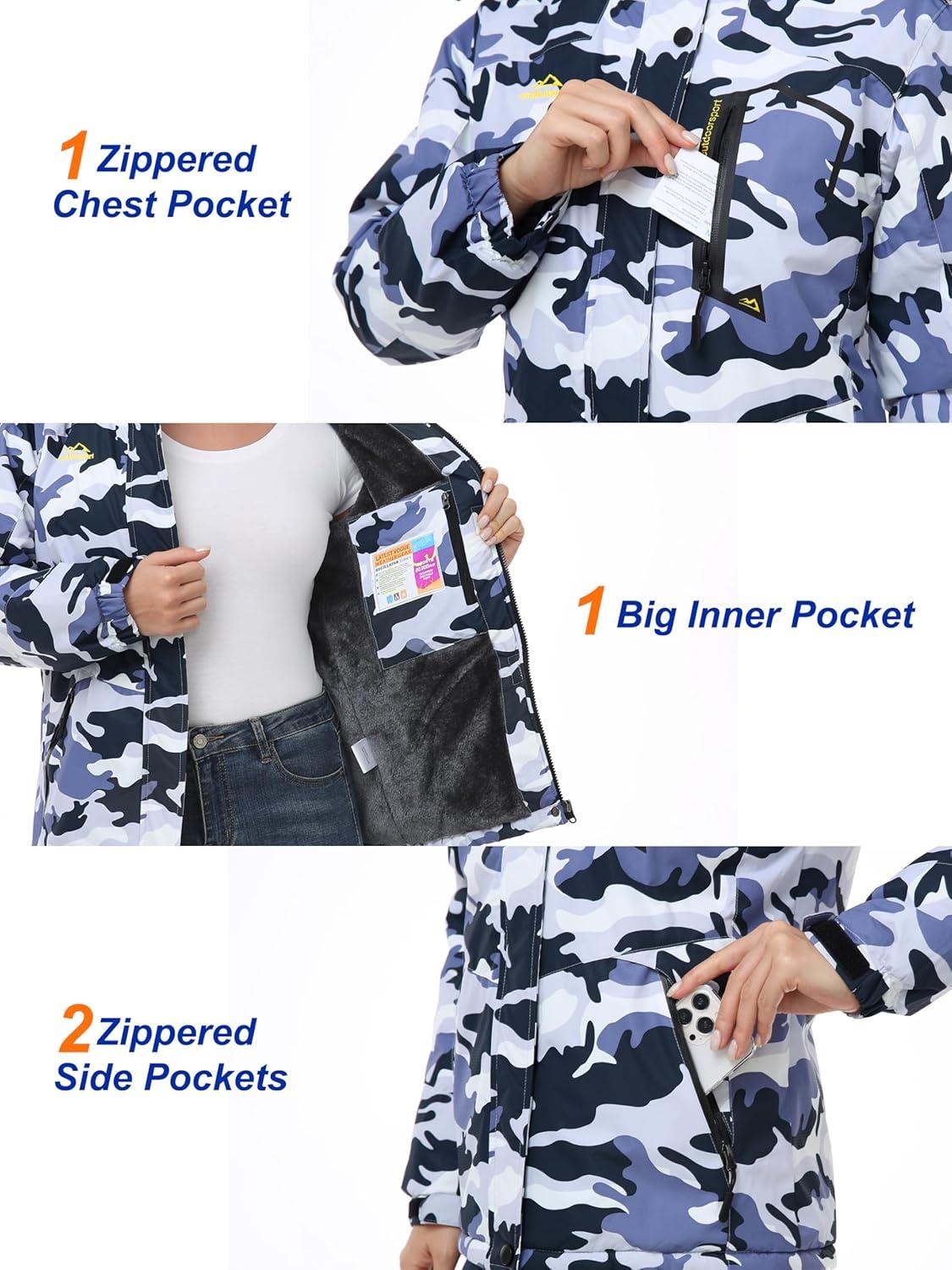 imageMAGCOMSEN Womens Ski Jacket Waterproof Insulated Snow Jacket Warm Windproof Winter Coats with Hood Fleece Lined JacketGrey Camo