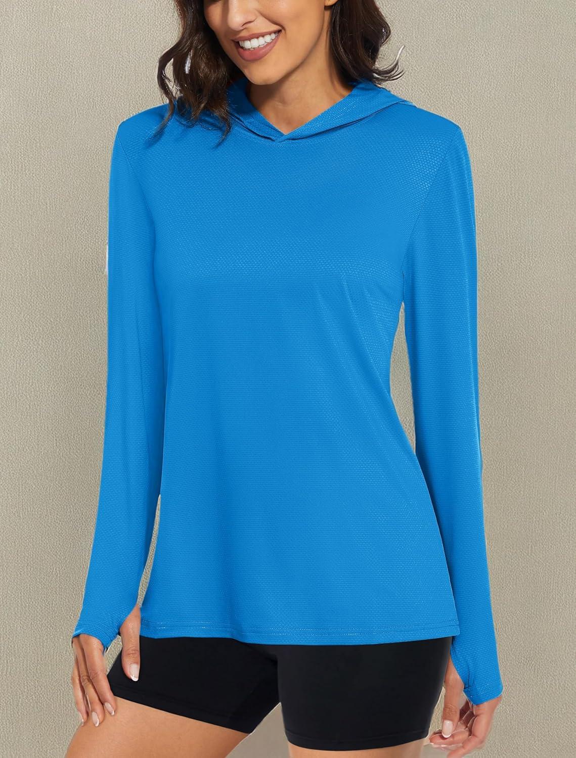 imageMAGCOMSEN Womens Sun Hoodie UPF 50 Long Sleeve Shirts for Hiking Fishing Athletic Lightweight UV HoodieBlue Green