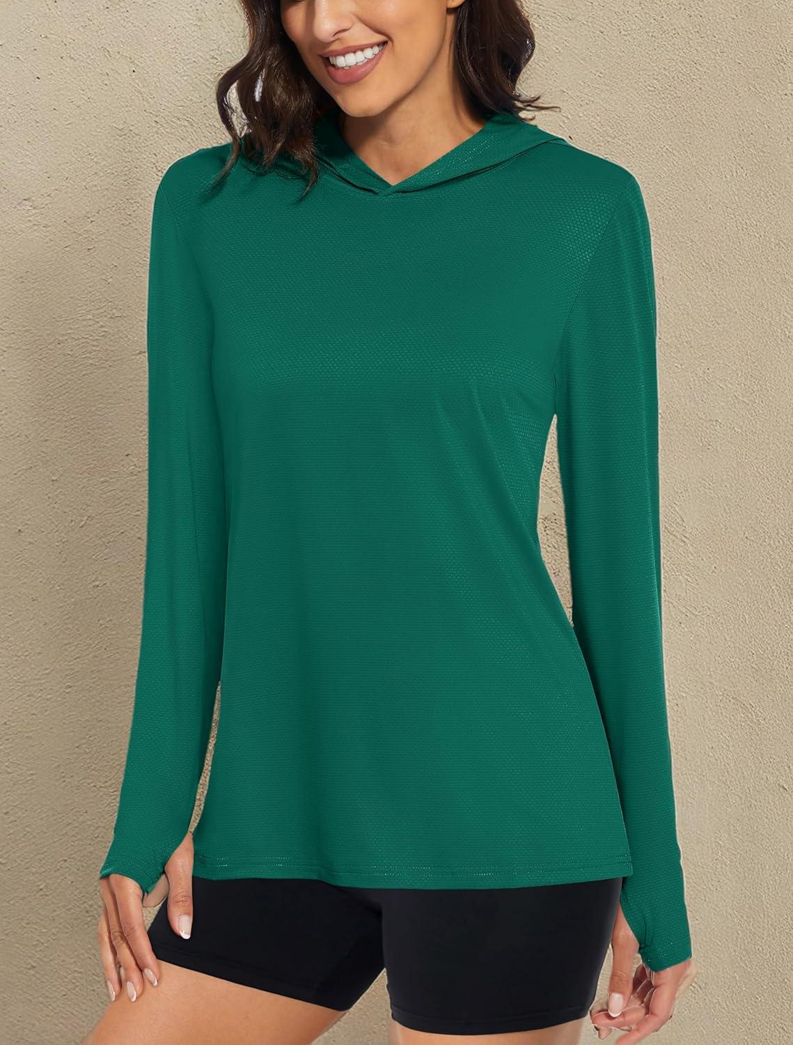 imageMAGCOMSEN Womens Sun Hoodie UPF 50 Long Sleeve Shirts for Hiking Fishing Athletic Lightweight UV HoodieEmerald Green