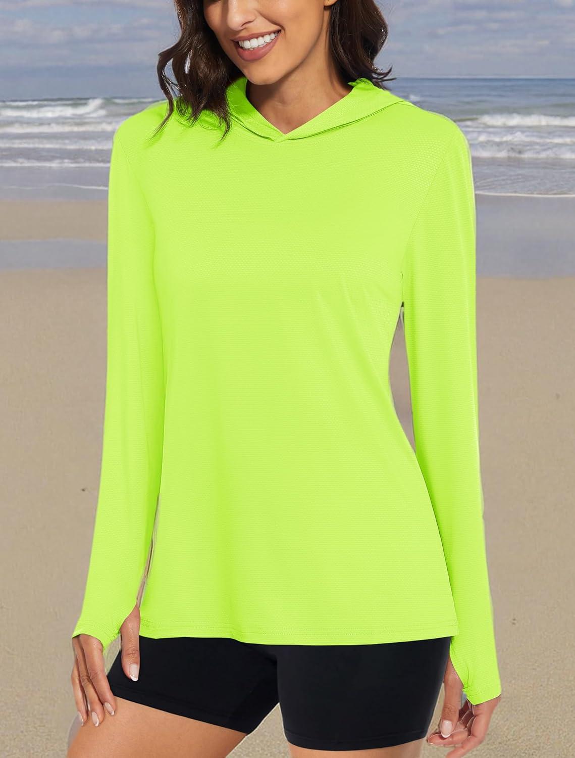 imageMAGCOMSEN Womens Sun Hoodie UPF 50 Long Sleeve Shirts for Hiking Fishing Athletic Lightweight UV HoodieFluorescent Green
