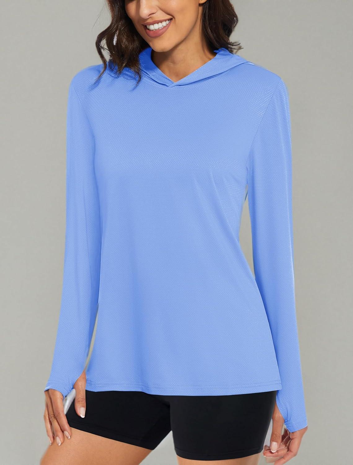 imageMAGCOMSEN Womens Sun Hoodie UPF 50 Long Sleeve Shirts for Hiking Fishing Athletic Lightweight UV HoodieLight Blue