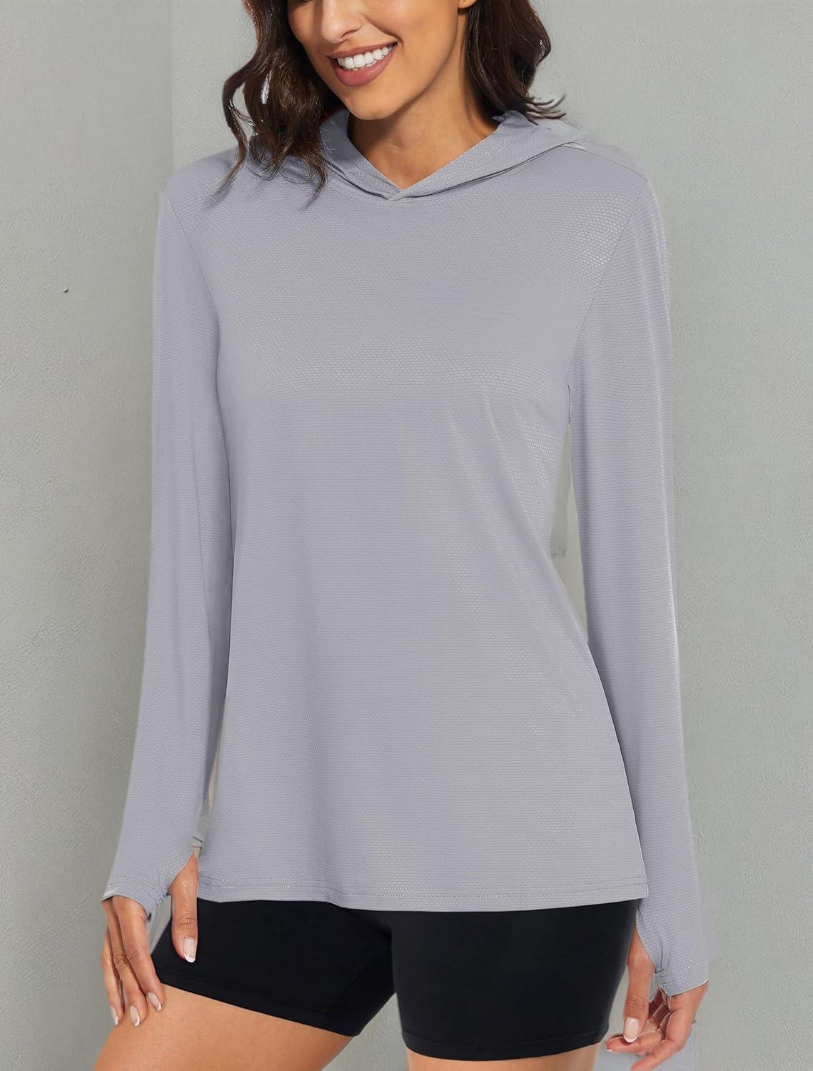 imageMAGCOMSEN Womens Sun Hoodie UPF 50 Long Sleeve Shirts for Hiking Fishing Athletic Lightweight UV HoodieLight Grey