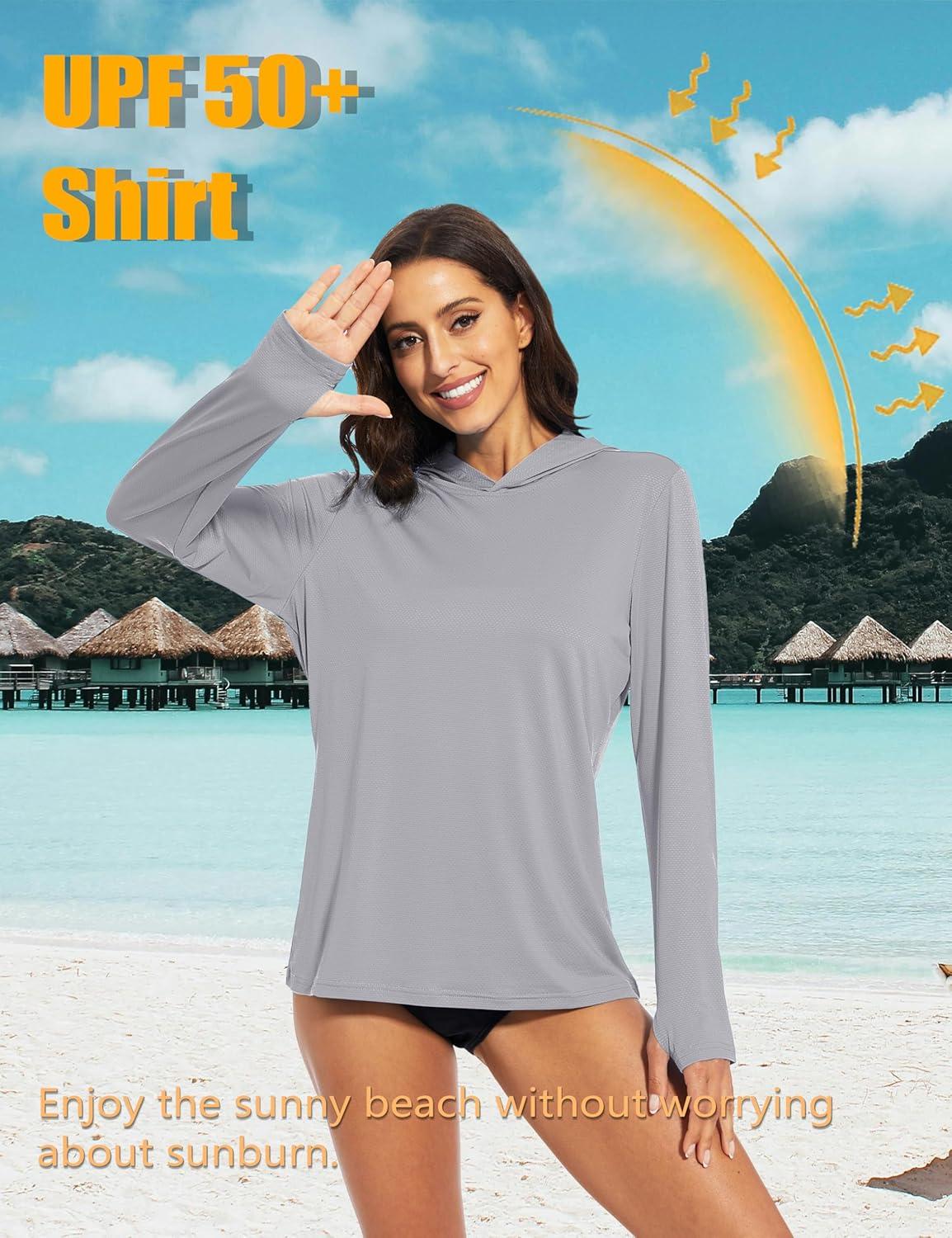 imageMAGCOMSEN Womens Sun Hoodie UPF 50 Long Sleeve Shirts for Hiking Fishing Athletic Lightweight UV HoodieLight Grey