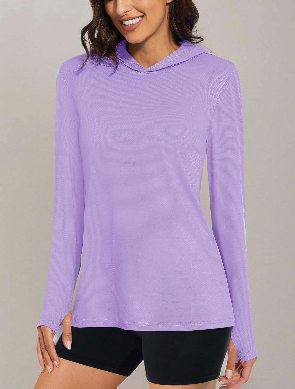 imageMAGCOMSEN Womens Sun Hoodie UPF 50 Long Sleeve Shirts for Hiking Fishing Athletic Lightweight UV HoodieLight Purple