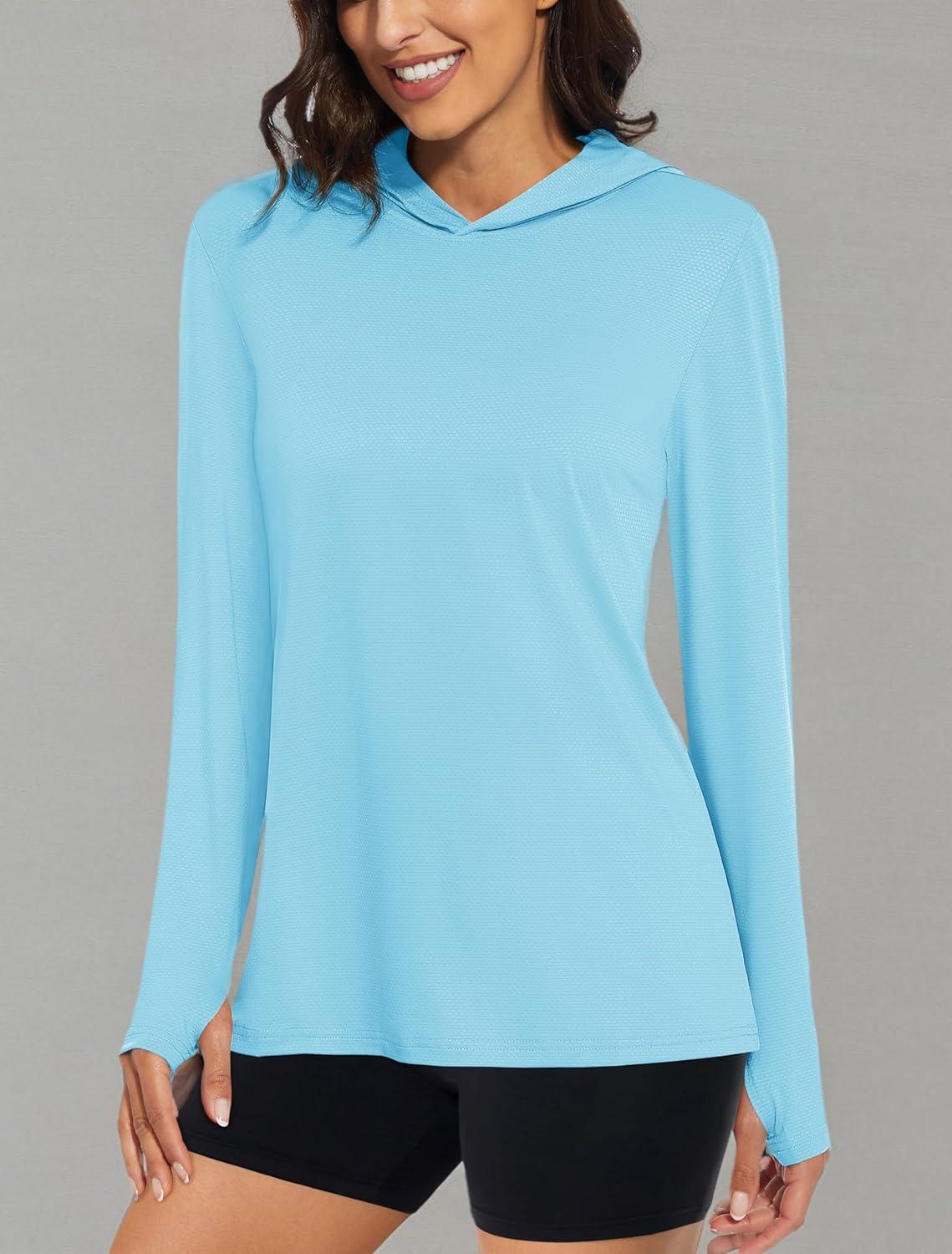 imageMAGCOMSEN Womens Sun Hoodie UPF 50 Long Sleeve Shirts for Hiking Fishing Athletic Lightweight UV HoodiePale Blue