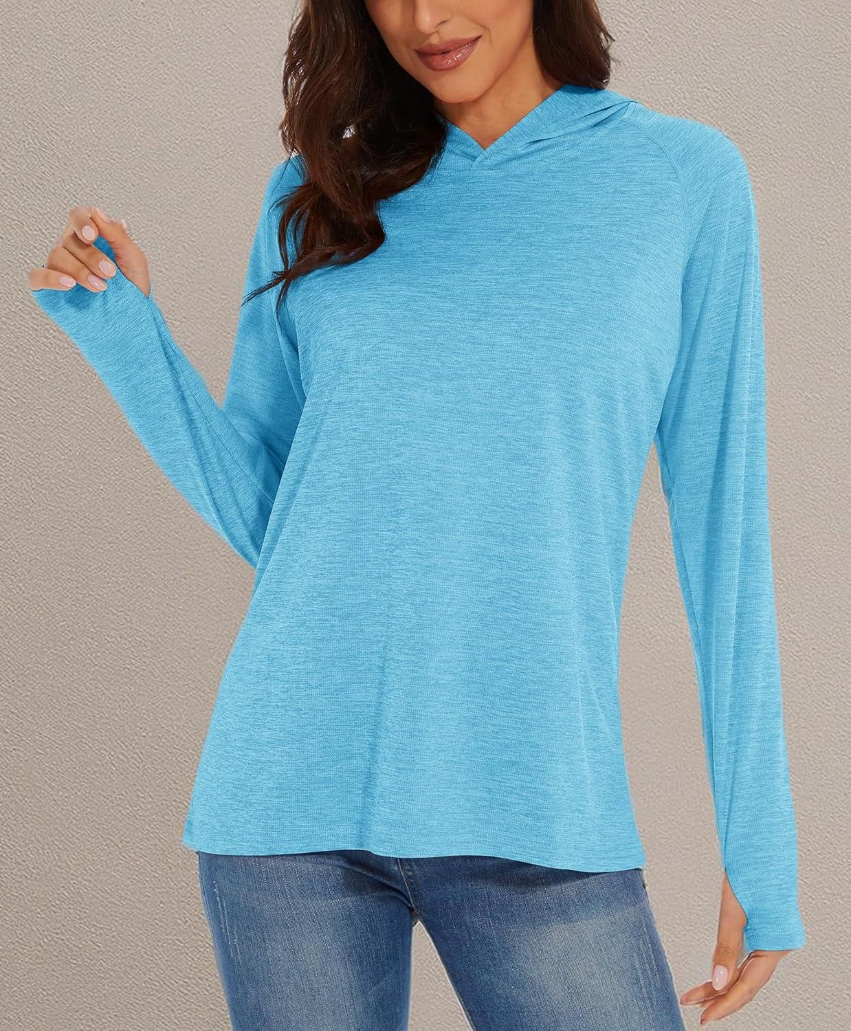 imageMAGCOMSEN Womens Sun Protection Hoodie Shirts UPF 50 Long Sleeve Top Quick Dry Lightweight for Hiking AthleticAqua Blue