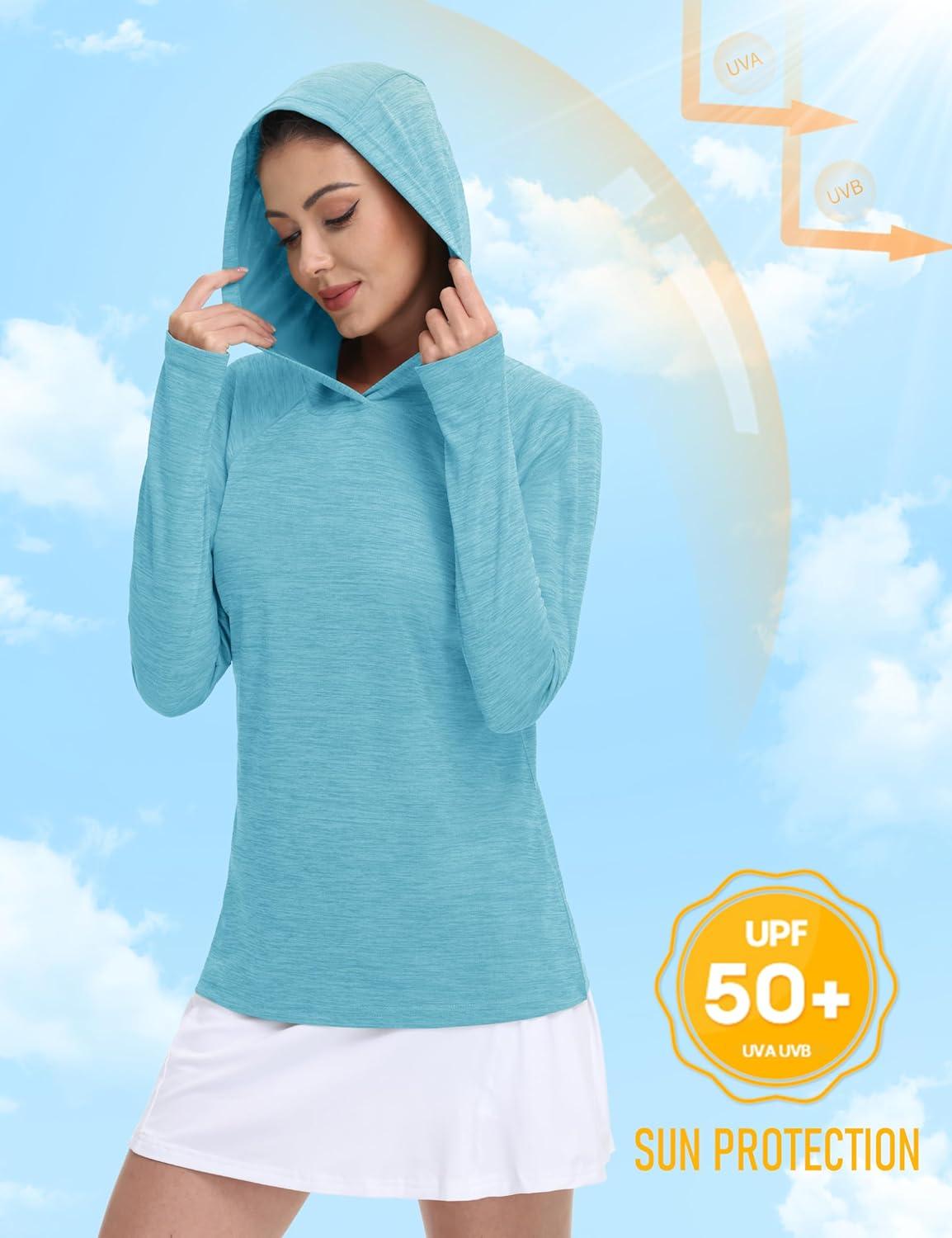 imageMAGCOMSEN Womens Sun Protection Hoodie Shirts UPF 50 Long Sleeve Top Quick Dry Lightweight for Hiking AthleticAqua Blue