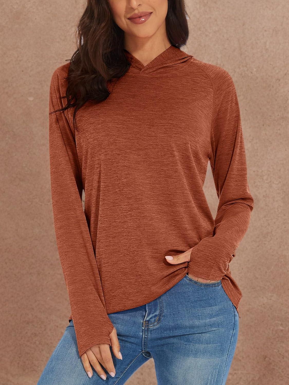 imageMAGCOMSEN Womens Sun Protection Hoodie Shirts UPF 50 Long Sleeve Top Quick Dry Lightweight for Hiking AthleticDark Orange