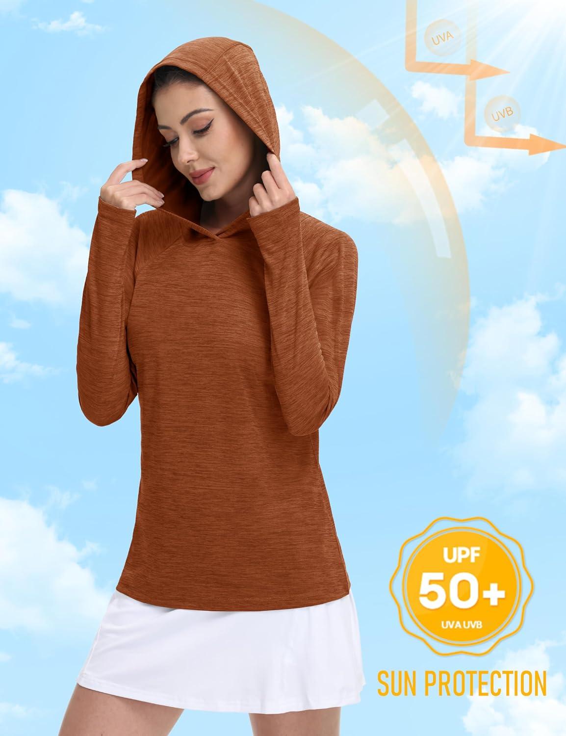 imageMAGCOMSEN Womens Sun Protection Hoodie Shirts UPF 50 Long Sleeve Top Quick Dry Lightweight for Hiking AthleticDark Orange