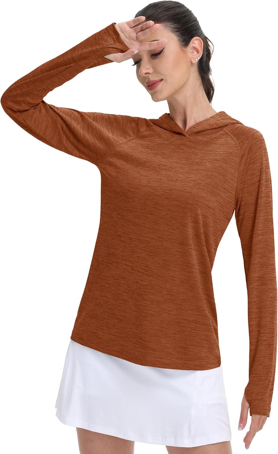 imageMAGCOMSEN Womens Sun Protection Hoodie Shirts UPF 50 Long Sleeve Top Quick Dry Lightweight for Hiking AthleticDark Orange