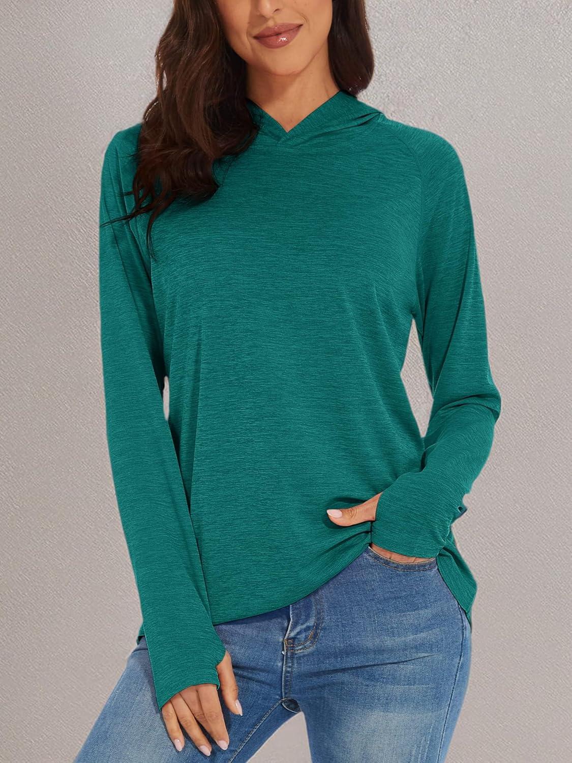 imageMAGCOMSEN Womens Sun Protection Hoodie Shirts UPF 50 Long Sleeve Top Quick Dry Lightweight for Hiking AthleticEmerald Green