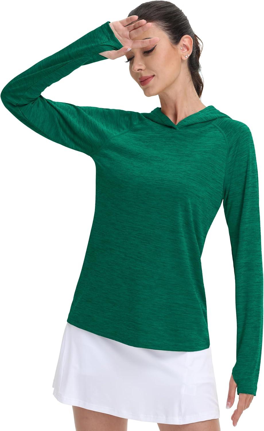 imageMAGCOMSEN Womens Sun Protection Hoodie Shirts UPF 50 Long Sleeve Top Quick Dry Lightweight for Hiking AthleticEmerald Green