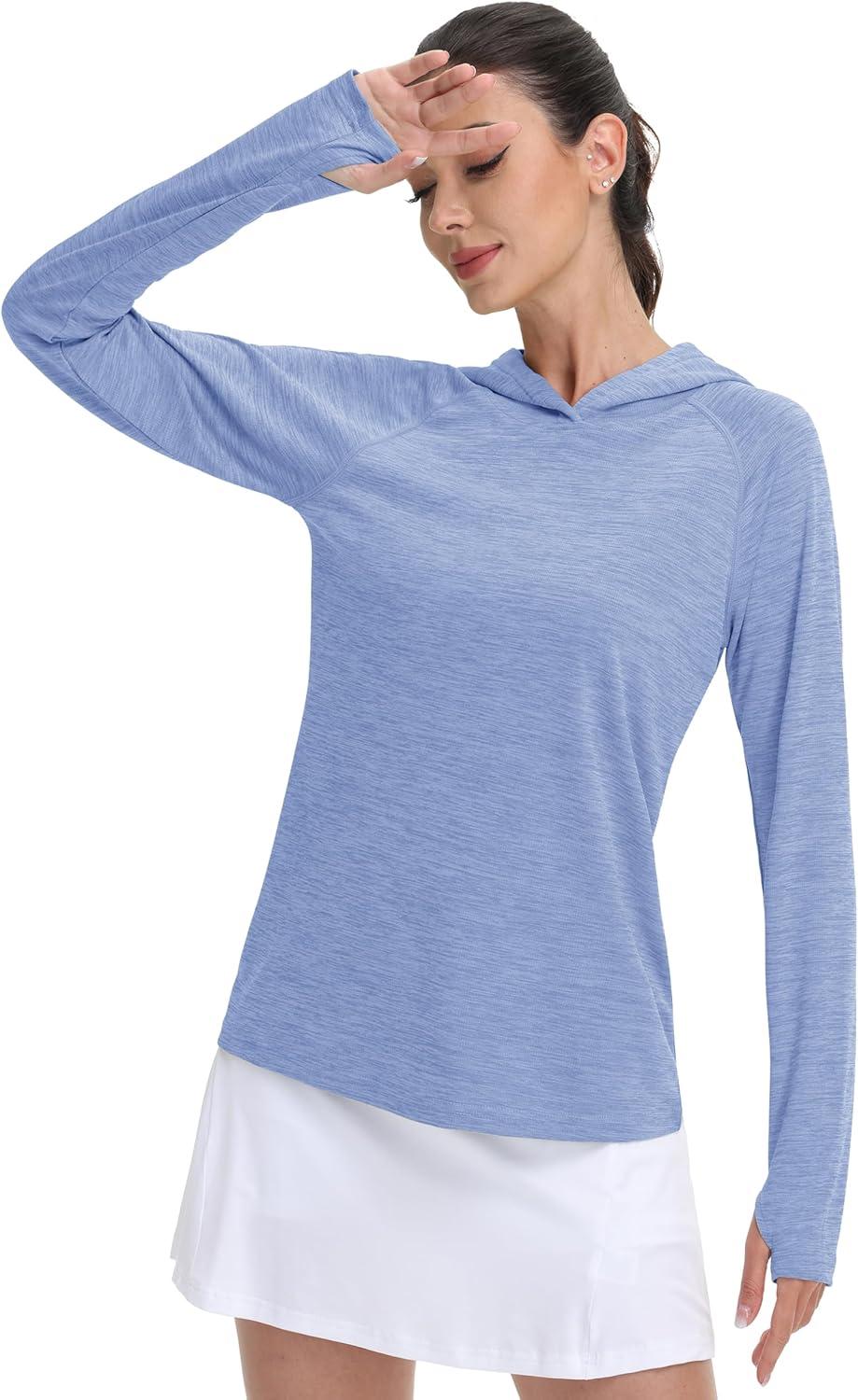 imageMAGCOMSEN Womens Sun Protection Hoodie Shirts UPF 50 Long Sleeve Top Quick Dry Lightweight for Hiking AthleticLight Blue