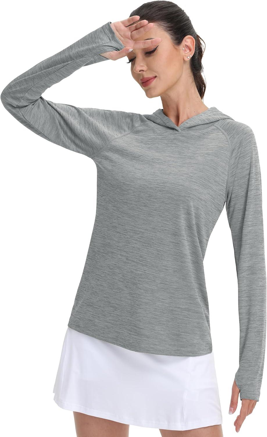 imageMAGCOMSEN Womens Sun Protection Hoodie Shirts UPF 50 Long Sleeve Top Quick Dry Lightweight for Hiking AthleticLight Grey