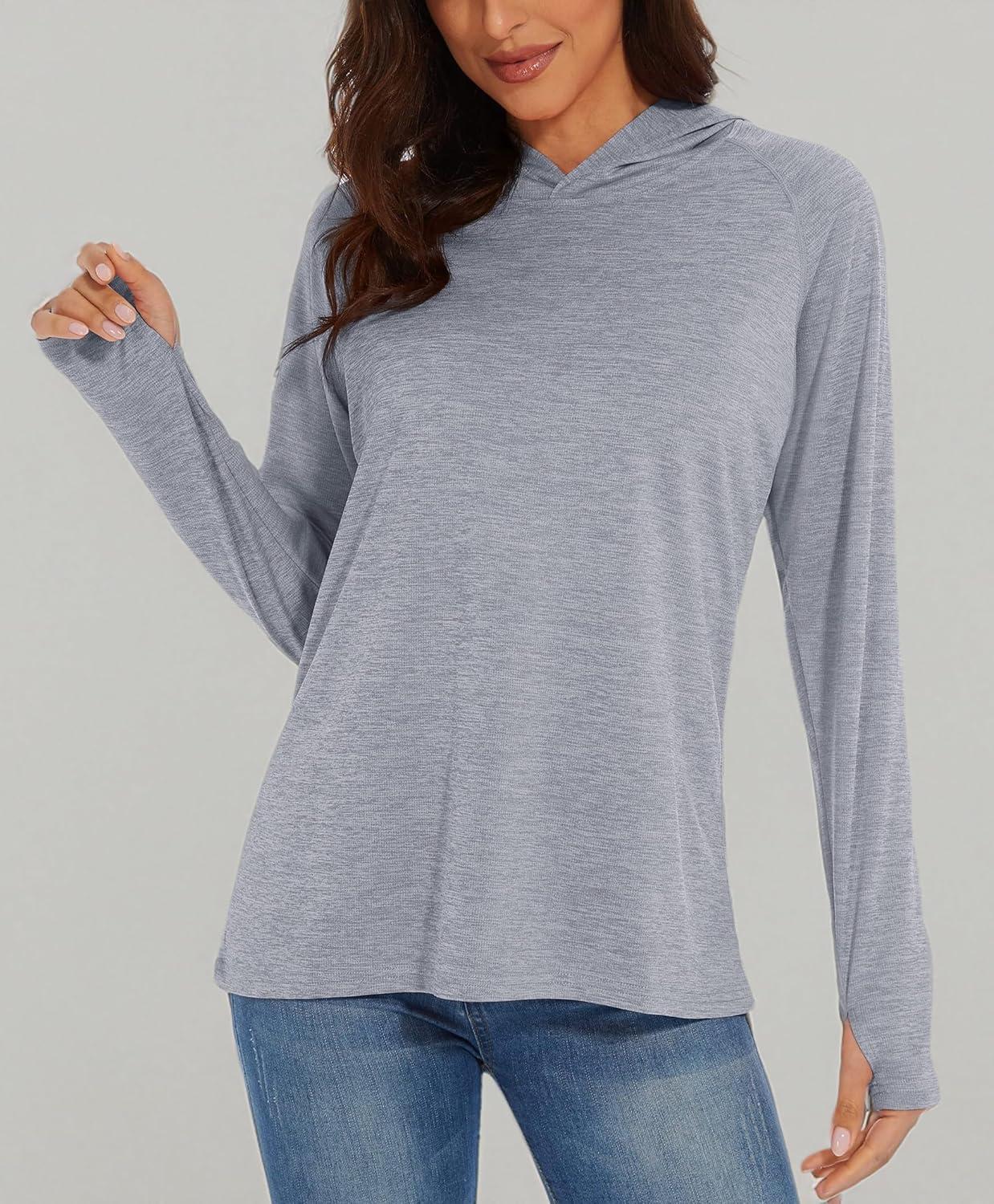 imageMAGCOMSEN Womens Sun Protection Hoodie Shirts UPF 50 Long Sleeve Top Quick Dry Lightweight for Hiking AthleticLight Grey