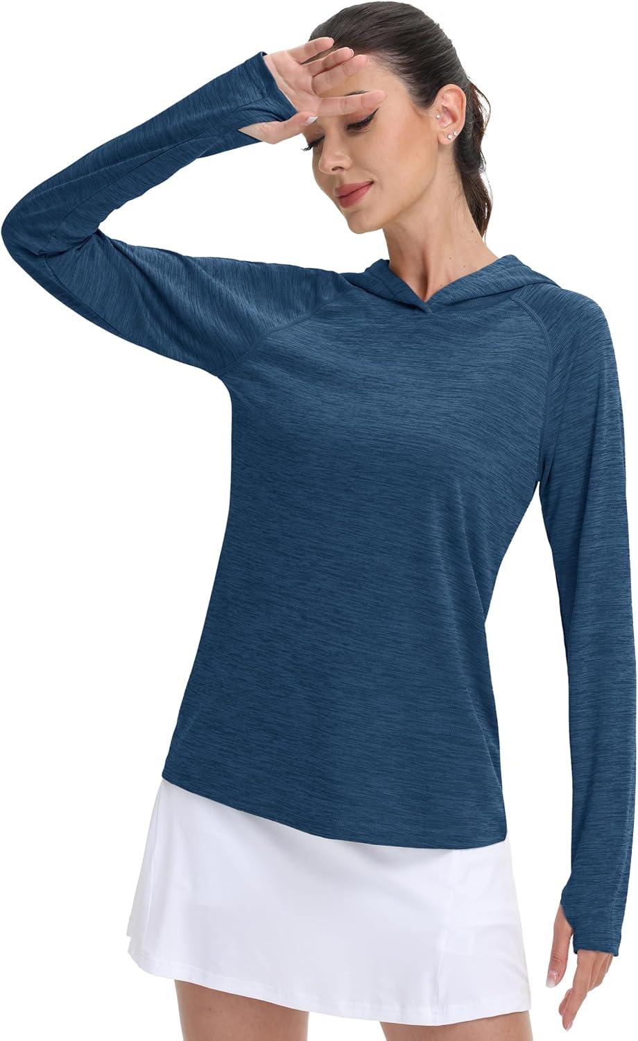 imageMAGCOMSEN Womens Sun Protection Hoodie Shirts UPF 50 Long Sleeve Top Quick Dry Lightweight for Hiking AthleticMedium Blue