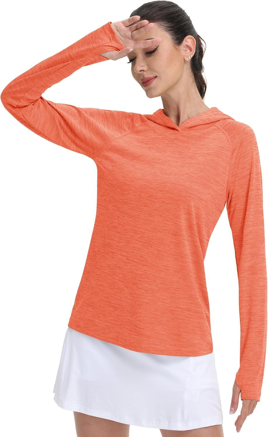 imageMAGCOMSEN Womens Sun Protection Hoodie Shirts UPF 50 Long Sleeve Top Quick Dry Lightweight for Hiking AthleticOrange