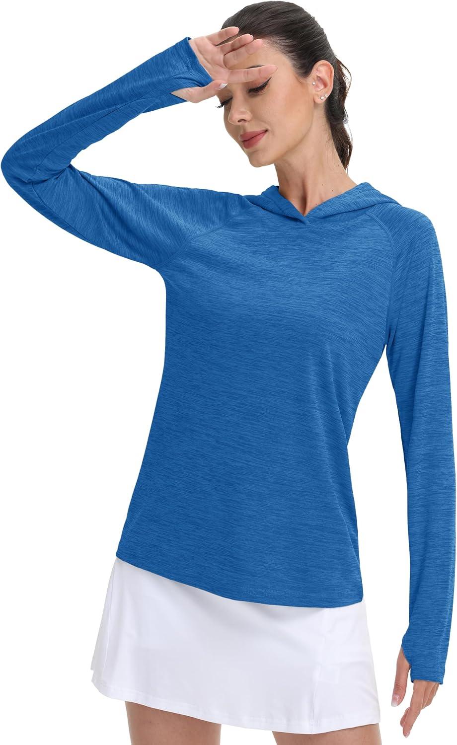 imageMAGCOMSEN Womens Sun Protection Hoodie Shirts UPF 50 Long Sleeve Top Quick Dry Lightweight for Hiking AthleticSea Blue