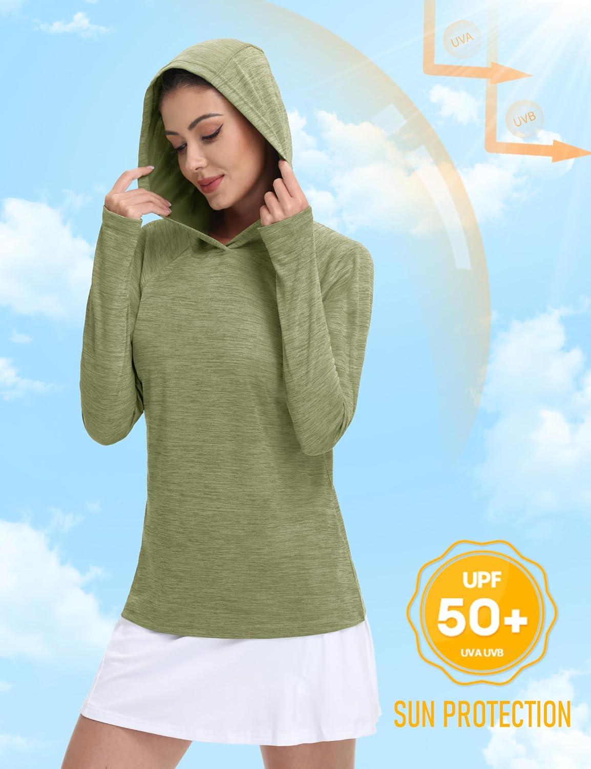 imageMAGCOMSEN Womens Sun Protection Hoodie Shirts UPF 50 Long Sleeve Top Quick Dry Lightweight for Hiking AthleticWheat Green