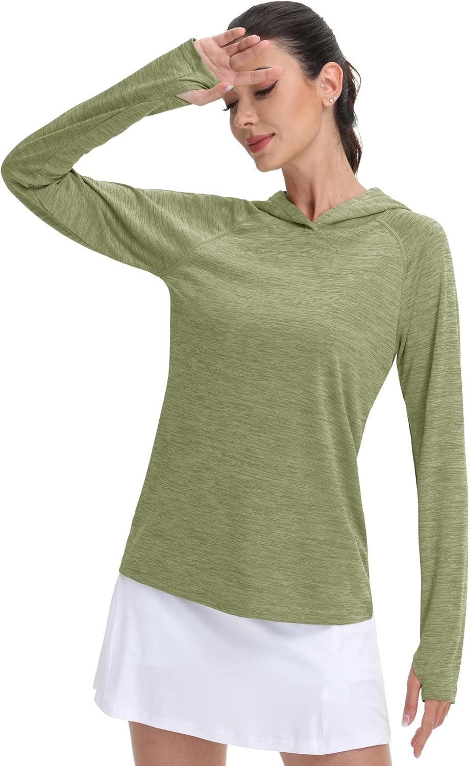 imageMAGCOMSEN Womens Sun Protection Hoodie Shirts UPF 50 Long Sleeve Top Quick Dry Lightweight for Hiking AthleticWheat Green