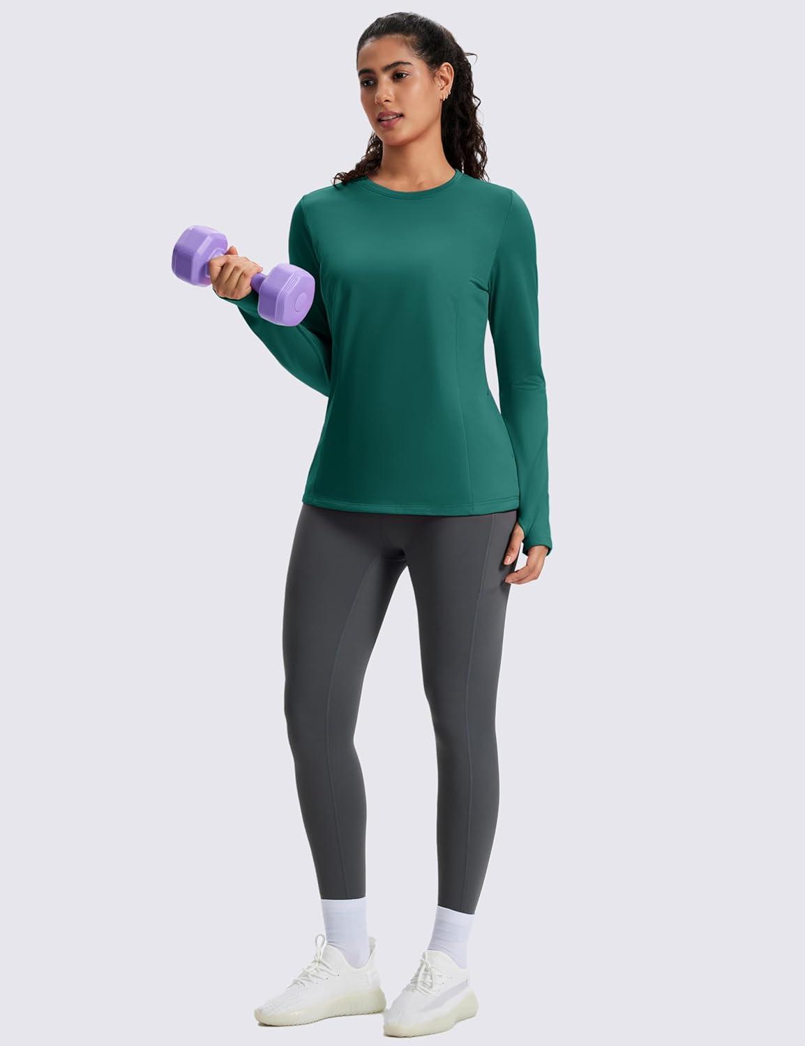 imageMAGCOMSEN Womens Thermal Shirts Long Sleeve Fleece Lined Shirt Workout Tops Athletic Base Layer Running Hiking WinterGreen