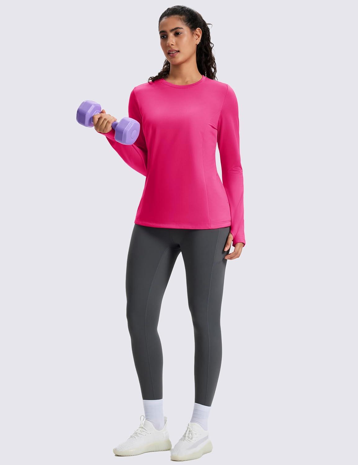 imageMAGCOMSEN Womens Thermal Shirts Long Sleeve Fleece Lined Shirt Workout Tops Athletic Base Layer Running Hiking WinterRose Red