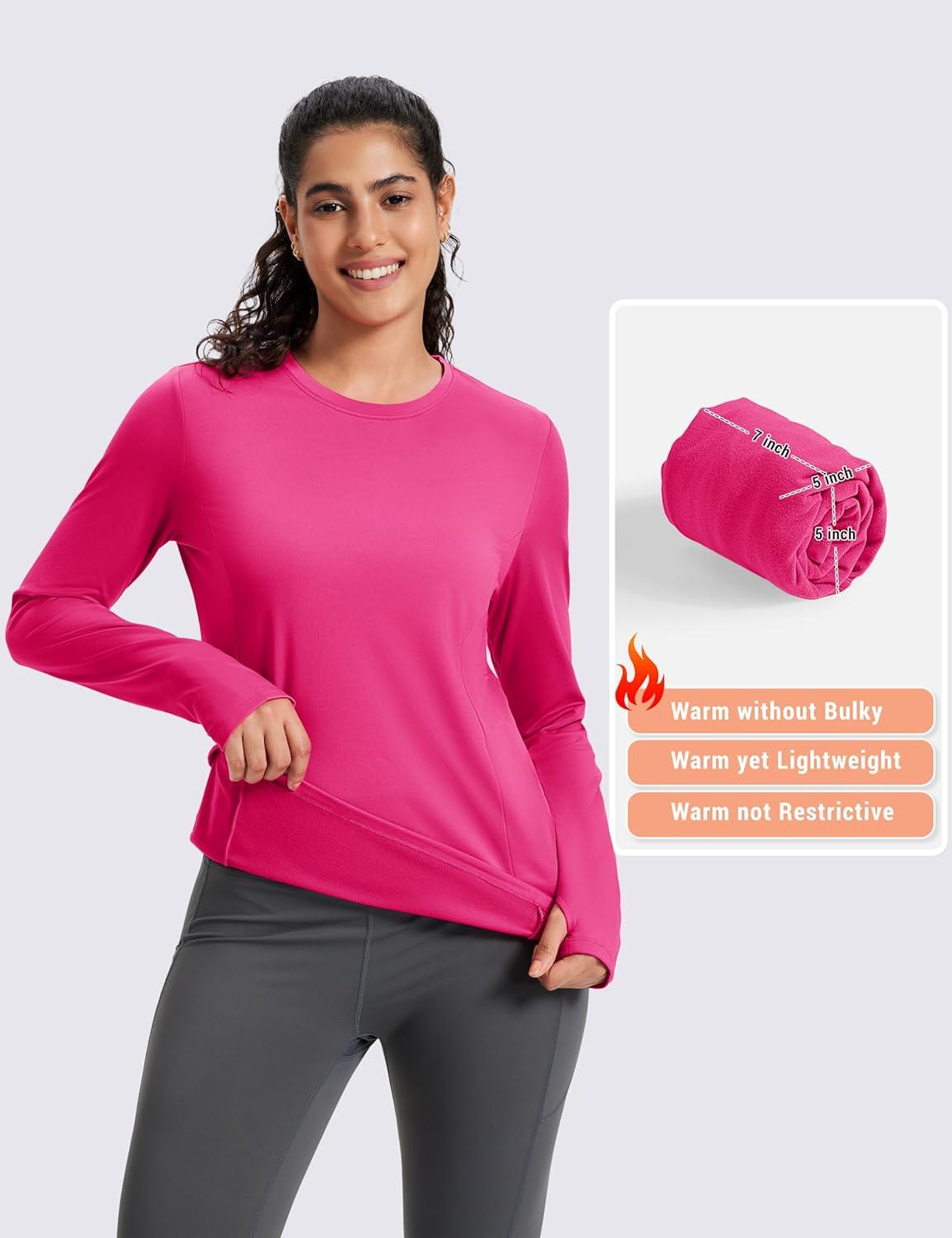 imageMAGCOMSEN Womens Thermal Shirts Long Sleeve Fleece Lined Shirt Workout Tops Athletic Base Layer Running Hiking WinterRose Red