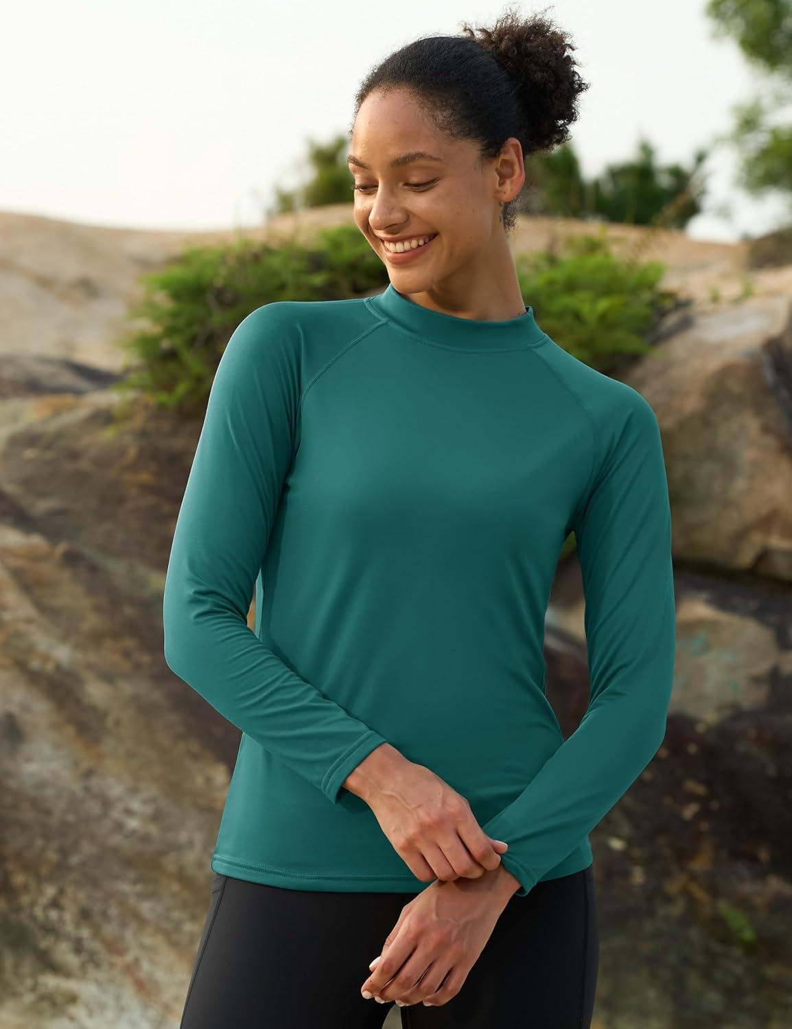 imageMAGCOMSEN Womens Thermal Shirts Mock Turtleneck Fleece Lined Long Sleeve Workout Tops Underwear Base Layer RunningEmerald Green