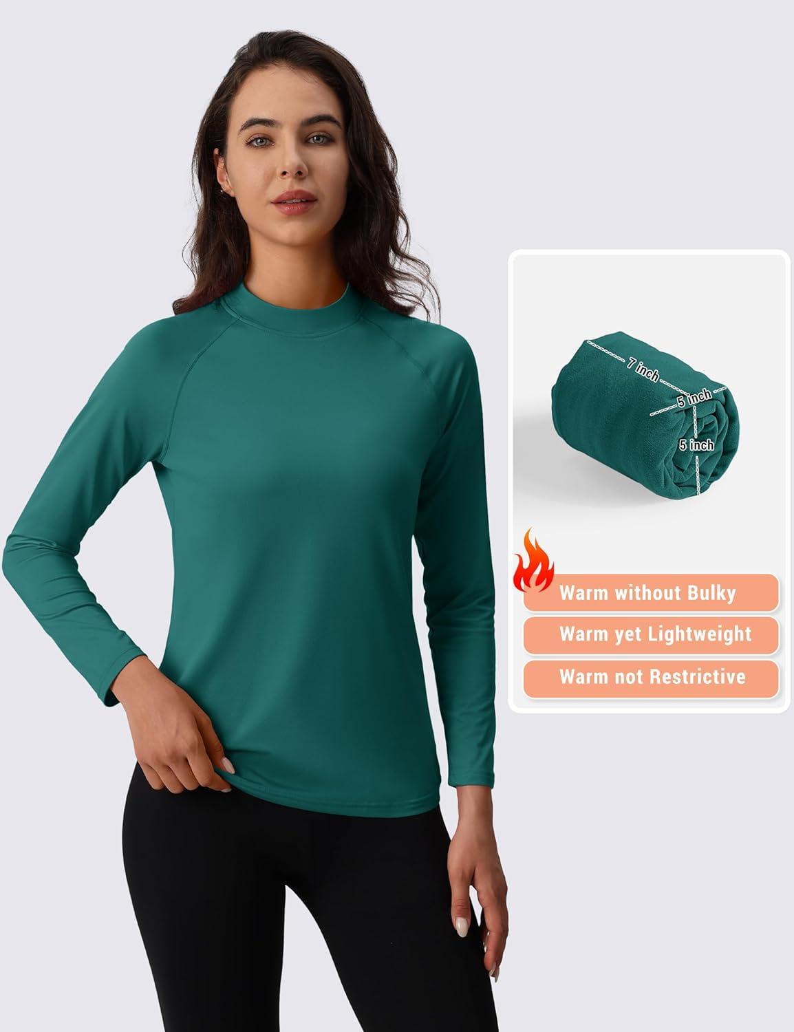 imageMAGCOMSEN Womens Thermal Shirts Mock Turtleneck Fleece Lined Long Sleeve Workout Tops Underwear Base Layer RunningEmerald Green