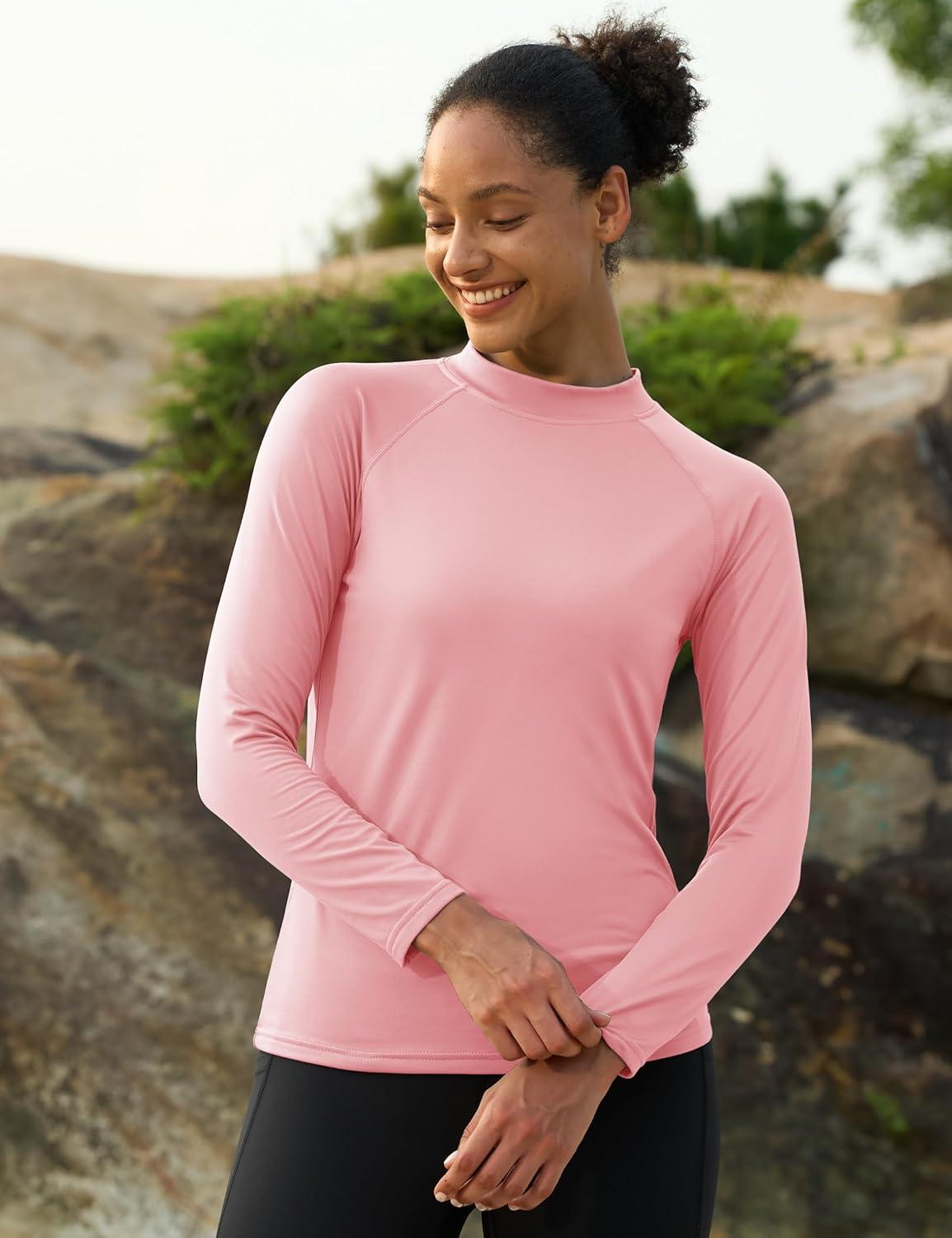 imageMAGCOMSEN Womens Thermal Shirts Mock Turtleneck Fleece Lined Long Sleeve Workout Tops Underwear Base Layer RunningLight Pink