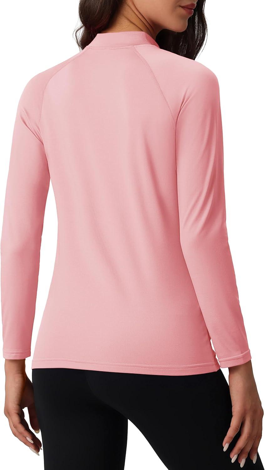 imageMAGCOMSEN Womens Thermal Shirts Mock Turtleneck Fleece Lined Long Sleeve Workout Tops Underwear Base Layer RunningLight Pink