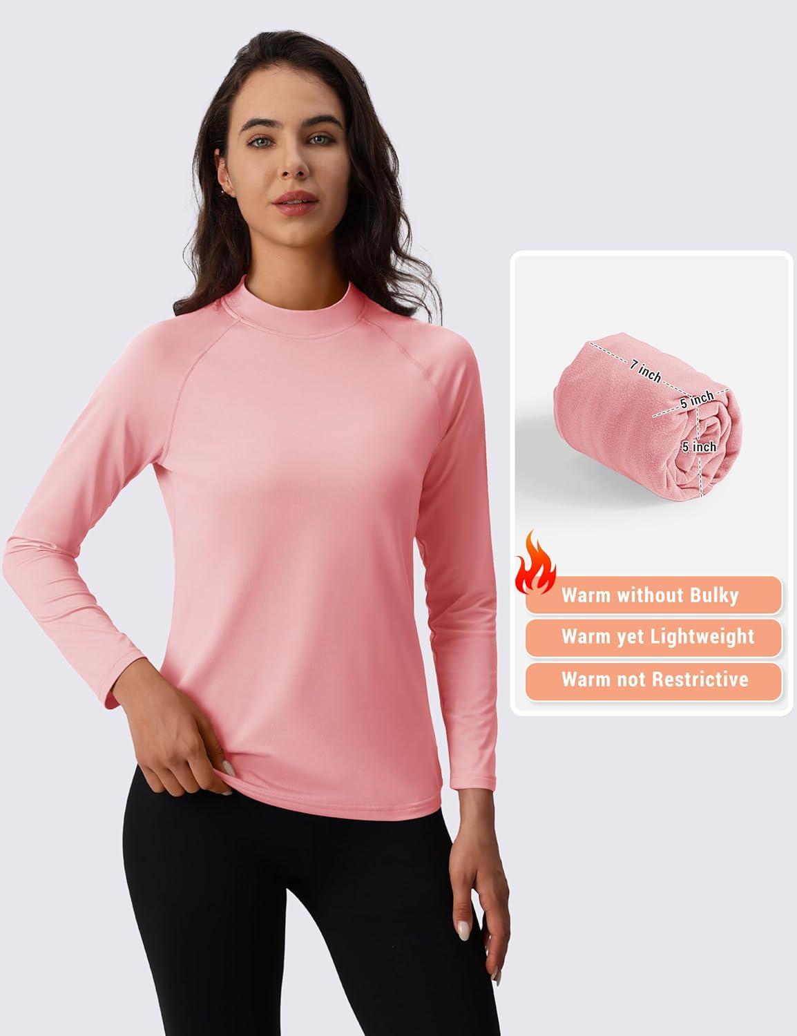 imageMAGCOMSEN Womens Thermal Shirts Mock Turtleneck Fleece Lined Long Sleeve Workout Tops Underwear Base Layer RunningLight Pink